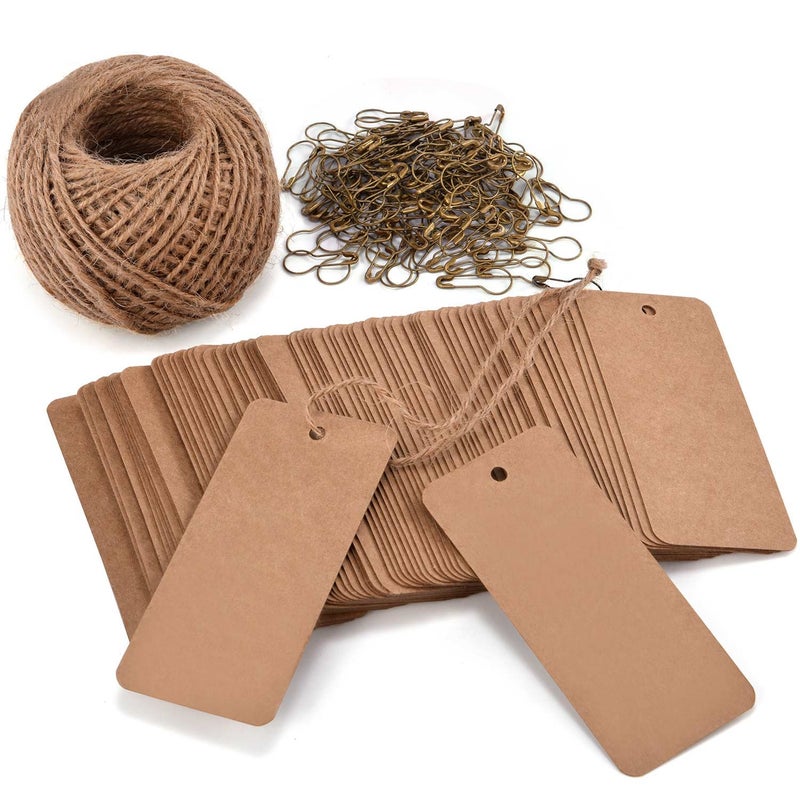 LOOMY 200PCS Kraft Marking Tags with Safety Pins and 157 Feet Natural String to Label Clothes for Garage Yard Consignment Tag - Image 1